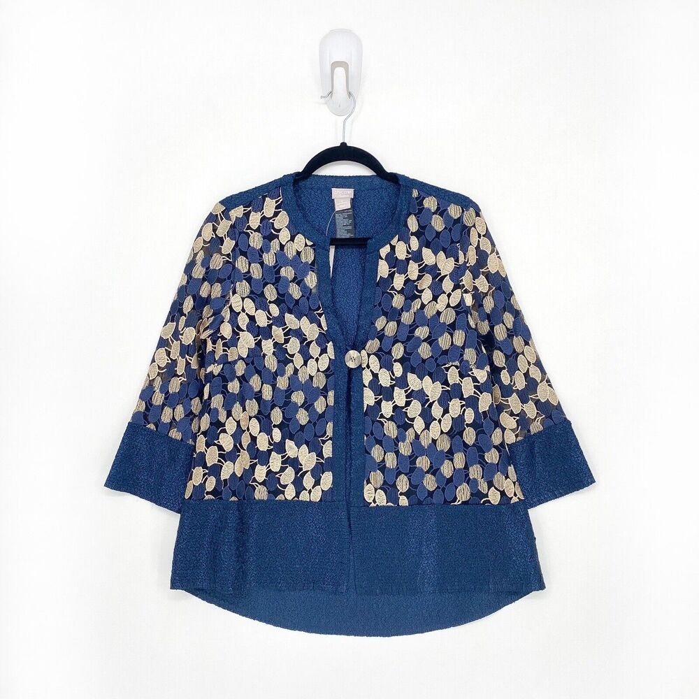 Chicos Traveler Women 0 US S Trapeze Jacket Cardigan Blue Gold Crinkle Relax NEW